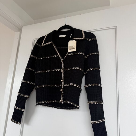 NWT Sandro Andina Cropped Cardigan Sweater Black Waffle Knit Embroidered Striped - Picture 4 of 9